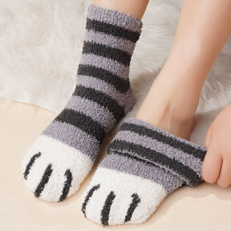 Warm Women Cute Coral Fleece Socks Cat Paw Pattern Female Warm Kawaii Funny Socks Home Floor Sleeping Socks Autumn Winter Sock