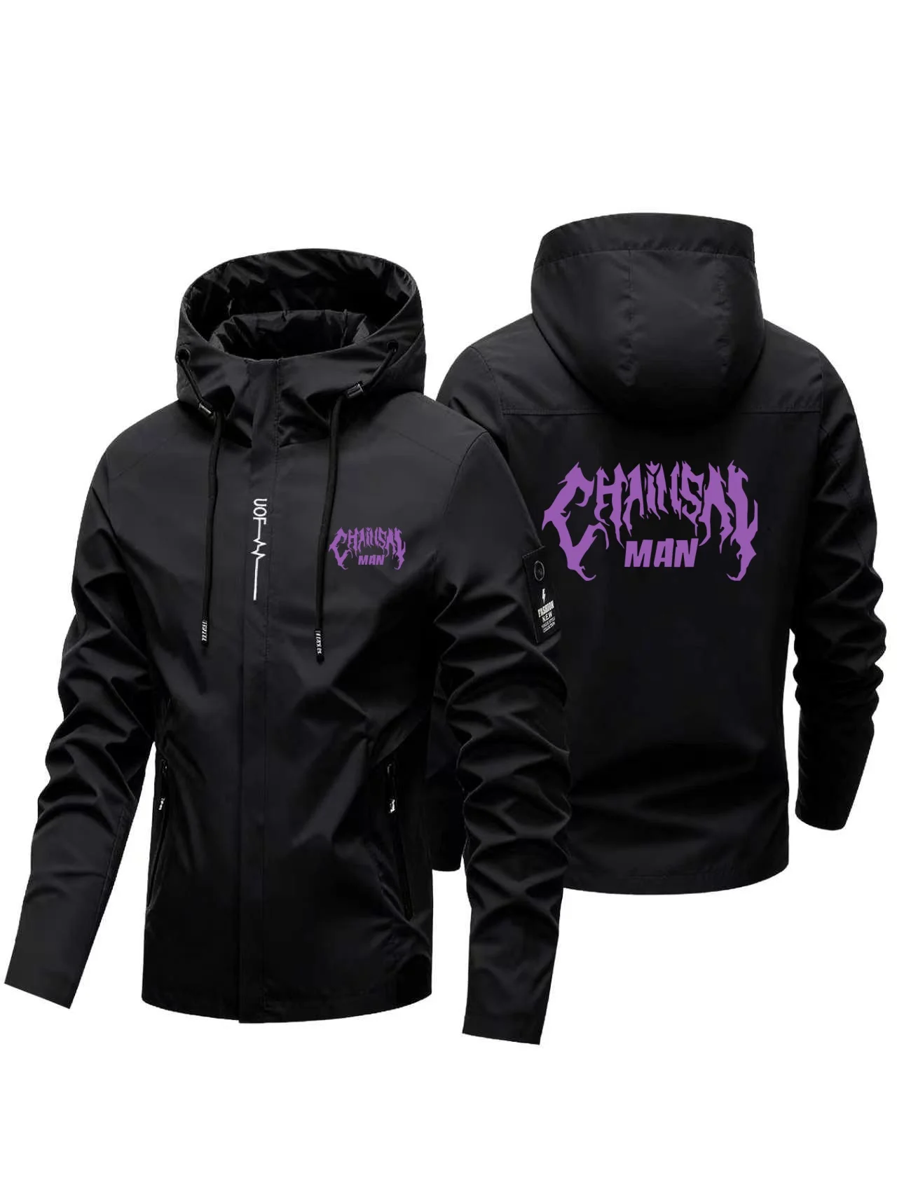 Men's Hooded Windproof Jacket with Purple Letter Print Full-Zip Windproof Outdoor Hiking Jacket Streetwear with Zippered Pockets
