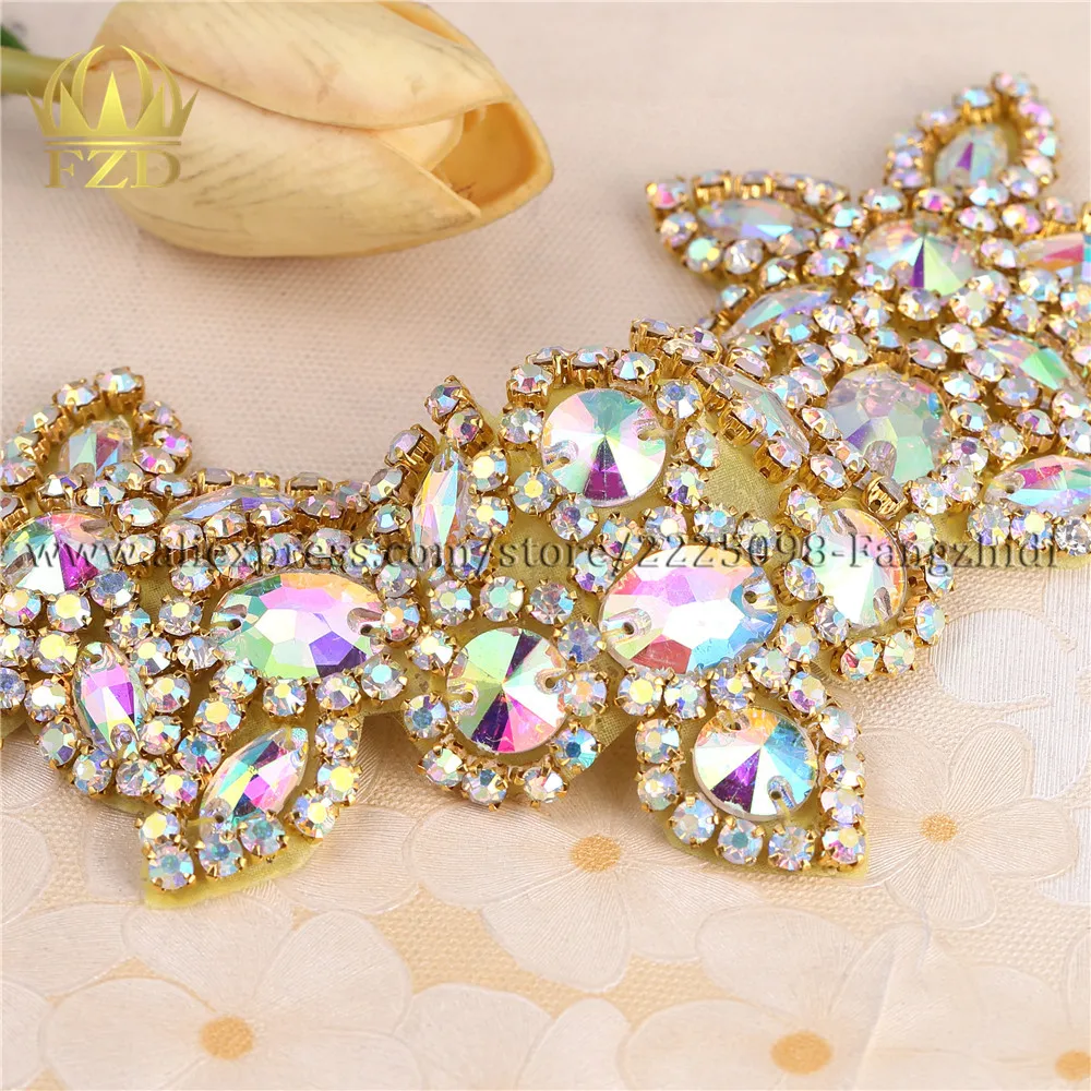 (30pieces) Wholesale Sewing On Crystal Beaded AB Rhinestone Applique for Wedding Dress Bridal Sash Clothing Decorative Trim