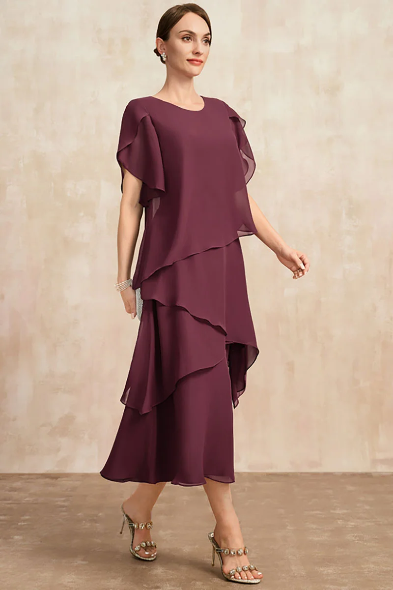 Plus Size Temperament Chiffon Mother Of The Bride Dress Irregular Layered Hem Short Sleeve Maxi Dress Summer Party Dress