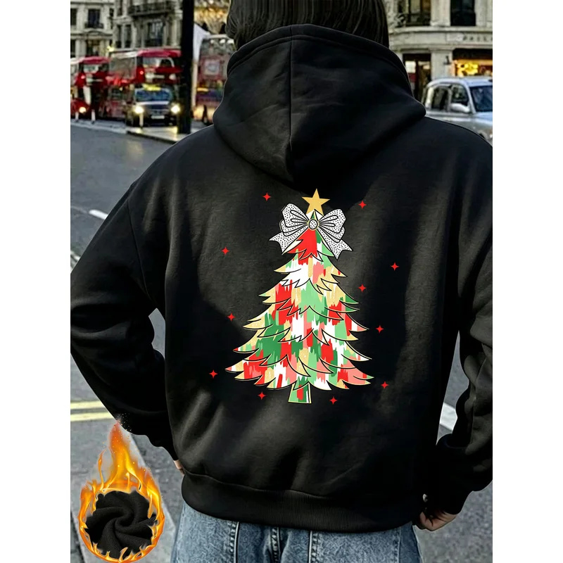 Women's fleece-lined hooded sweatshirt for autumn and winter, featuring a colorful hand-drawn Christmas tree
