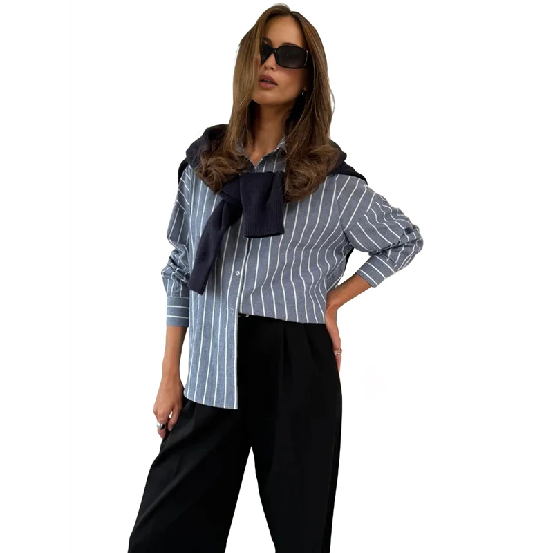 Koszule damskie zapinane na guziki CGS, klasyczne koszule w paski z długim rękawem i kołnierzykiem, do pracy biurowej, bluzki z kieszenią.