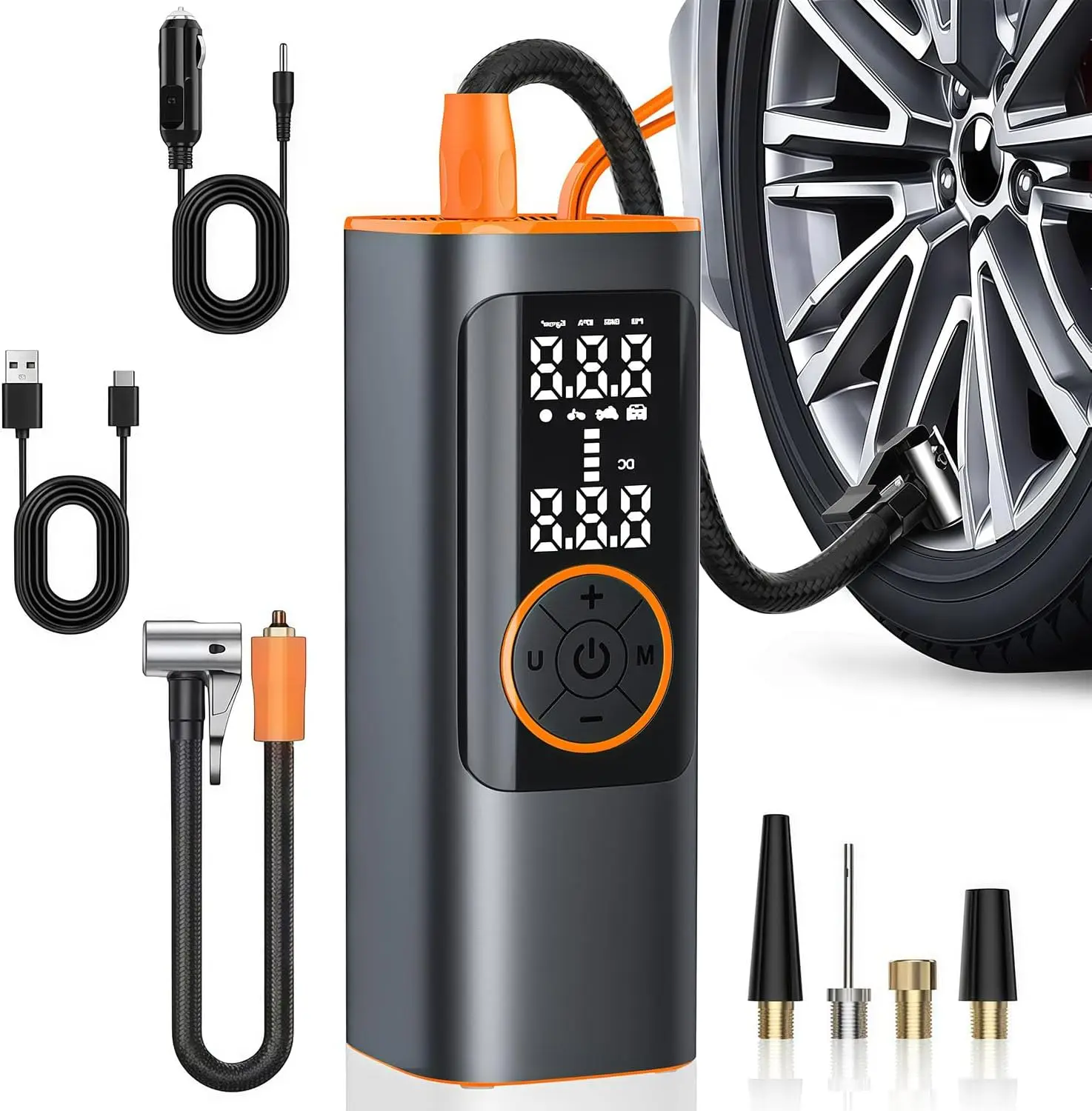 

Portable Air Compressor 150PSI, Digital Gauge, Dual LCD & LED, for Car/Motorcycle/Bike/Ball - Orange