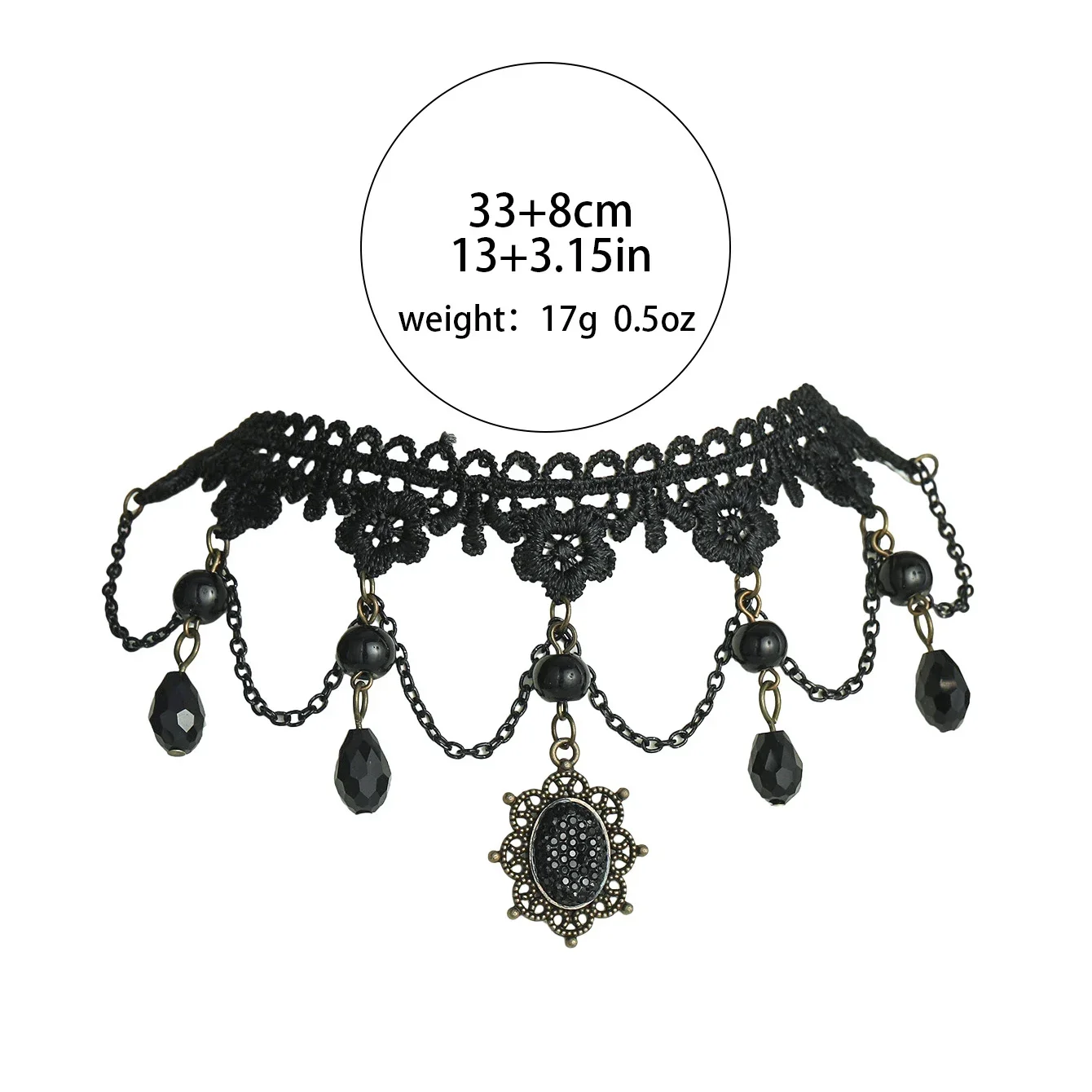 Dark Retro Halloween Lace Fringe Necklace for Women Black Gemstone Pendant Choker Necklace