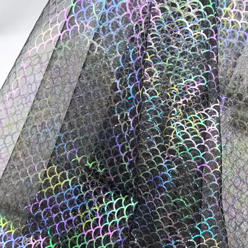 5m Iridescent Fish Scale Hot Stamping Mesh Fabric for Princess Dresses Clothing DIY Sewing Fish Scale Hot Foil Mesh Fabric