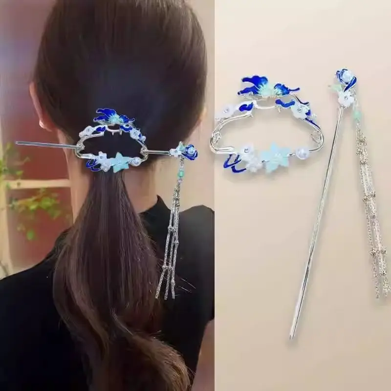 Chinese Style Hanfu Classical Tassel Pearl Flower Hair Sticks for Women Lady Cheongsam Hairpin Festivals Hair Clip Accessories