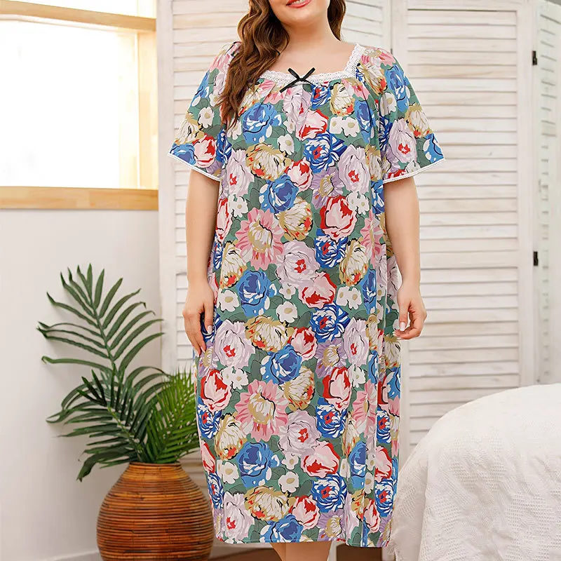U-Neck Lace Short Sleeved Nightdress Women's Printed Casual Home Clothes Spring Autumn 4XL Nightgown Intimate Lingerie Sleepwear image 3