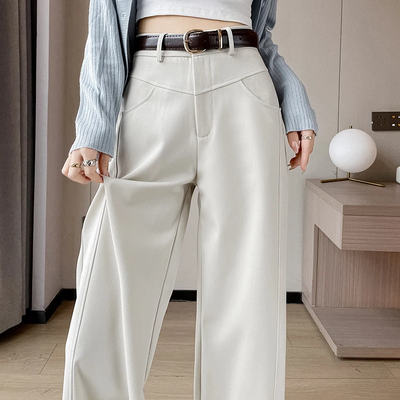 

QOERLIN Twill High Waist Pants Women Wide Leg Straight Trousers Korean Fashion Elegant Casual Pocket Zipper Fly Pants Female XXL