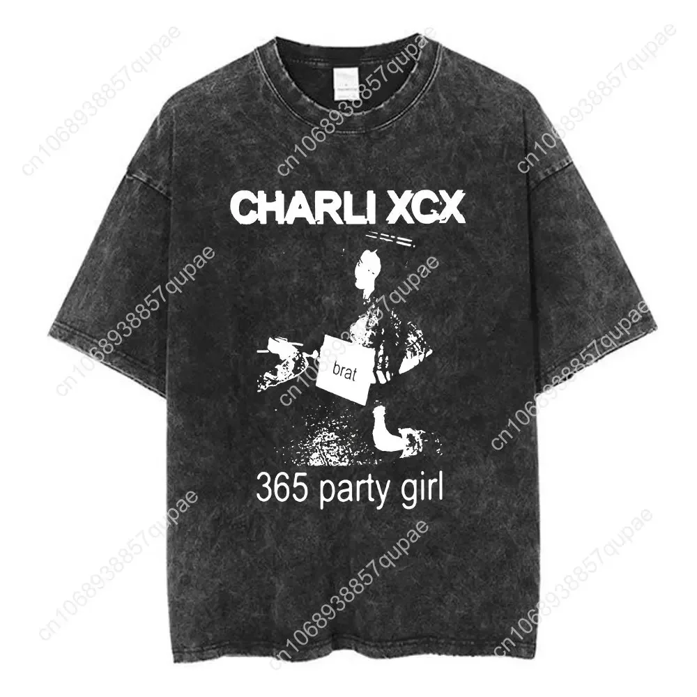 Charli Xcx Brat Tour Vintage Washed T Shirt Men's Women Clothing Fashion Harajuku T-shirt 100% Cotton Casual T-shirts Fans Gift