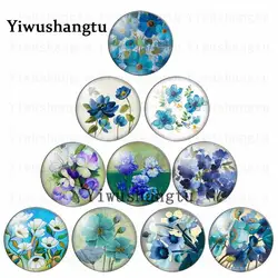 Fashion bule beautiful flowers 10pcs mixed 12mm/20mm/25mm/30mm Round photo glass cabochon demo flat back Making findings