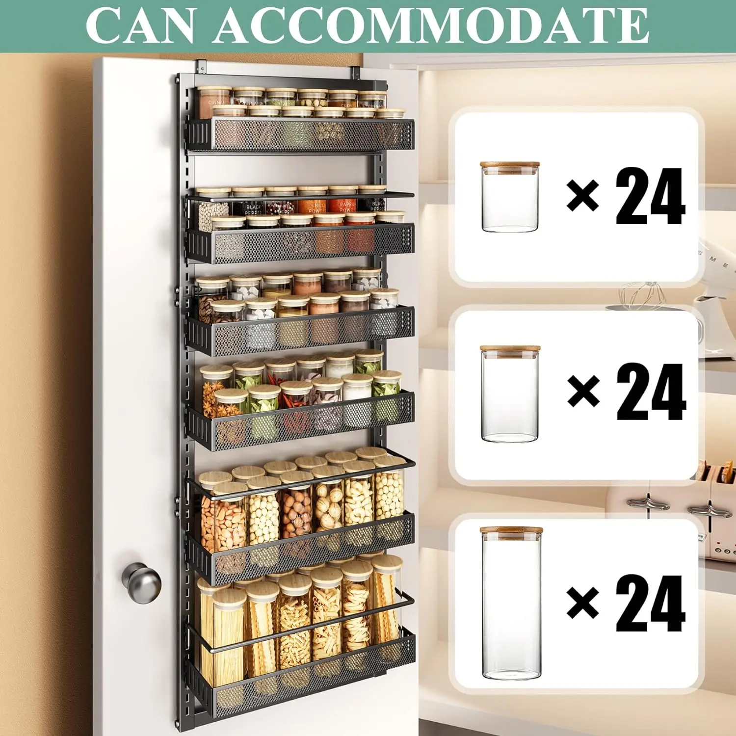 Over the Door Pantry Organizer 6 Tier Metal Hanging Spice Rack with Detachable Guardrail Space Saving Hanging Baskets Kitchen