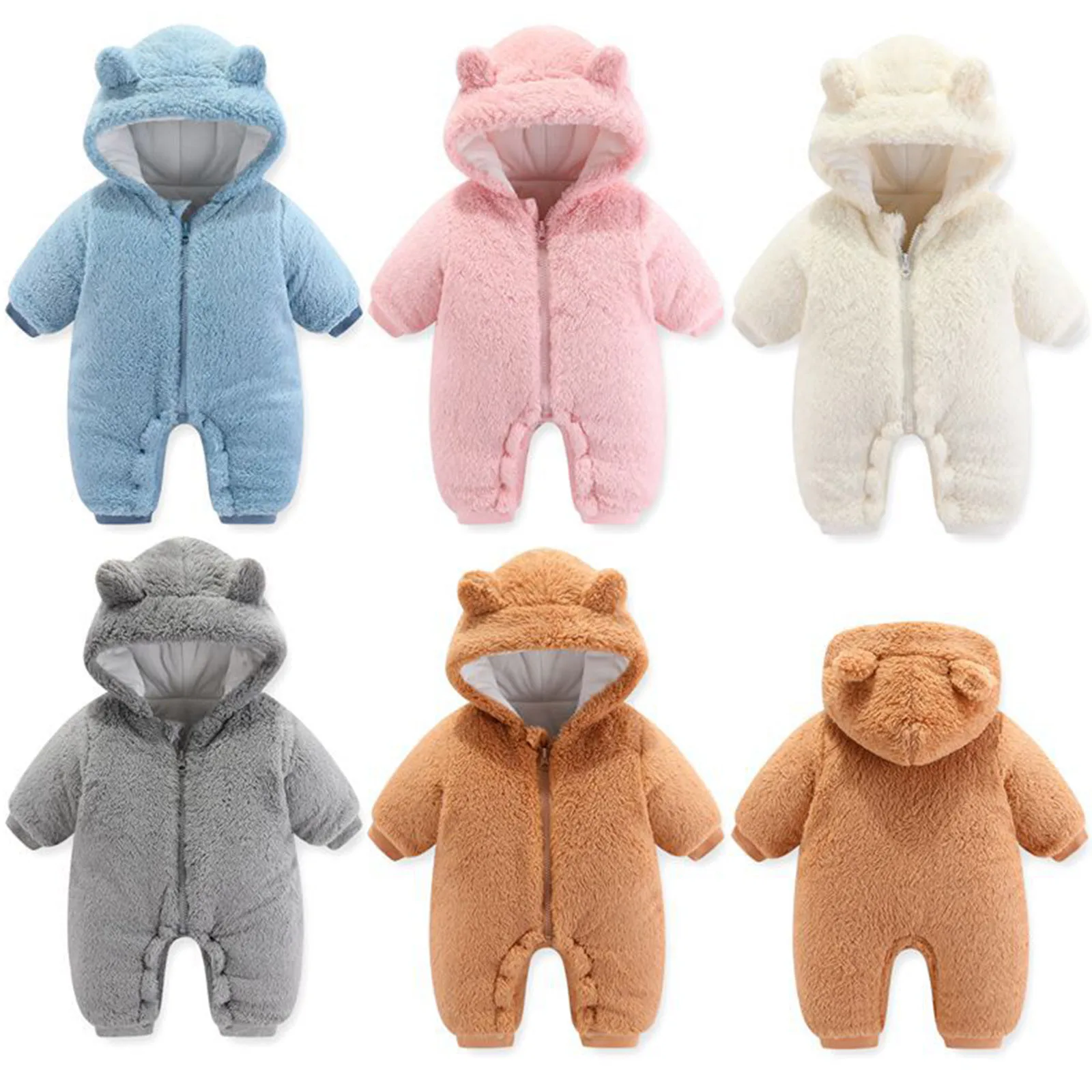 Baby Winter Warm Hooded Rompers Long Sleeve Zipper Thick Fleece Jumpsuit Coat Teddy Bear Bodysuit Outerwear Daily Wear Homewear