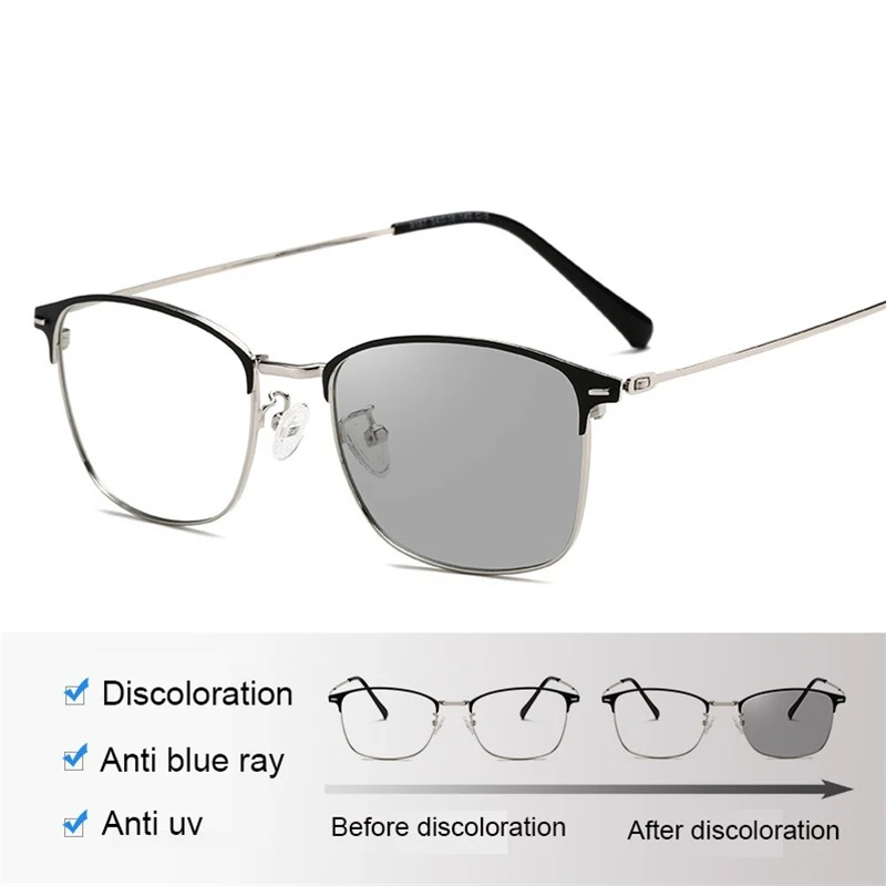 Sun Photochromic Lens Square Nearsighted Glasses Anti-blue Light Computer Prescription Eyeglasses Diopter 0 -0.5 -1.0 To -4.0