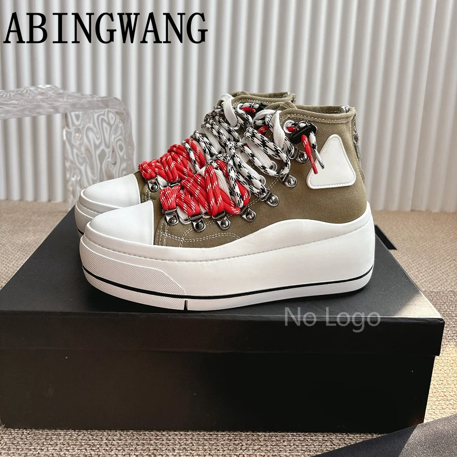 Autumn Winter New Canvas Flats Shoes for Women Lace Up Round Toe Thick Sole Runway Ladies Shoes Outside Walking Shoes