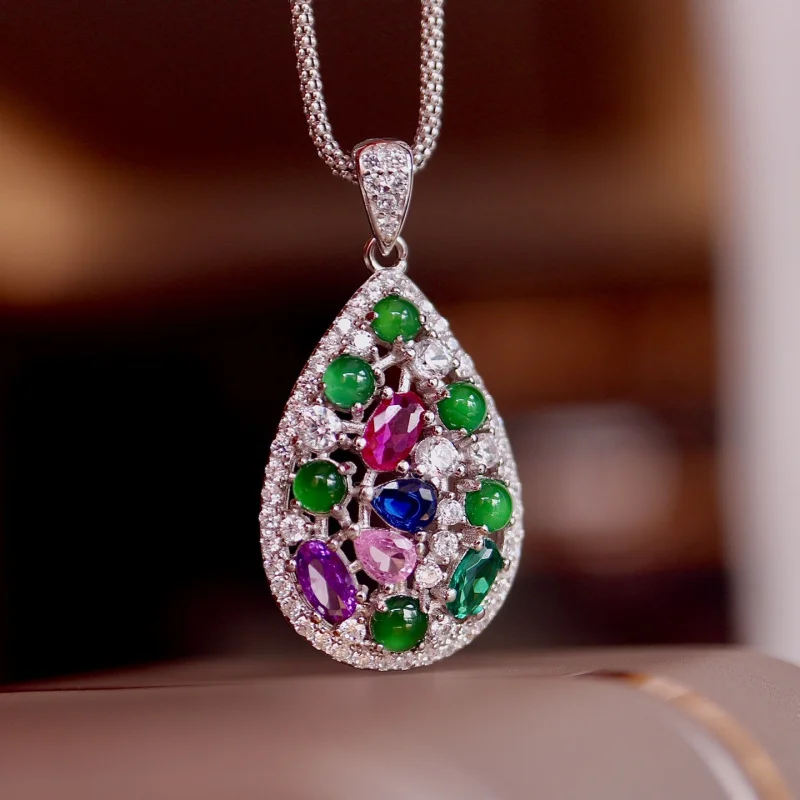 

Myanmar Natural Jade Jewelry Set 925 Silver Fashionable Multi-Color Gemstone Droplet Shaped Luxurious Sparkling Earrings