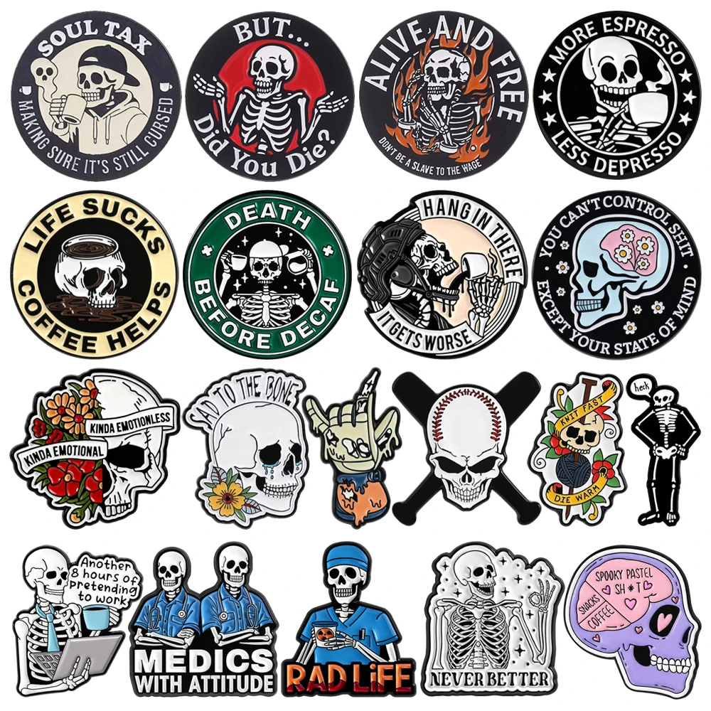 Cartoon Skull Enamel Brooch Pin Computer Coffee Flower Baseball Doctor Skull Head Heart Bottle Metal Badge Jewelry Friend Gift