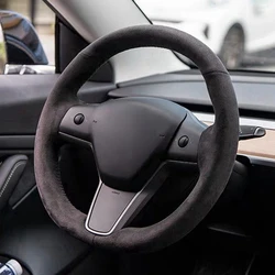 Non-slip Black Genuine Leather Sued DIY Hand-Stitched Car Steering Wheel Cover For Tesla model 3 2017-2021