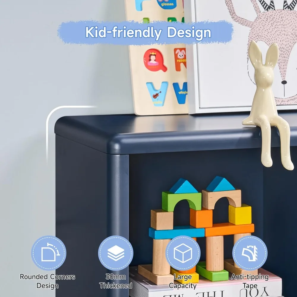 خزانة كتب خشبية كبيرة للأطفال مع 6 مكعبات للتخزين، منظم ألعاب البنات، طلاء آمن للأطفال، لوح سميك، خزانة تخزين للأطفال