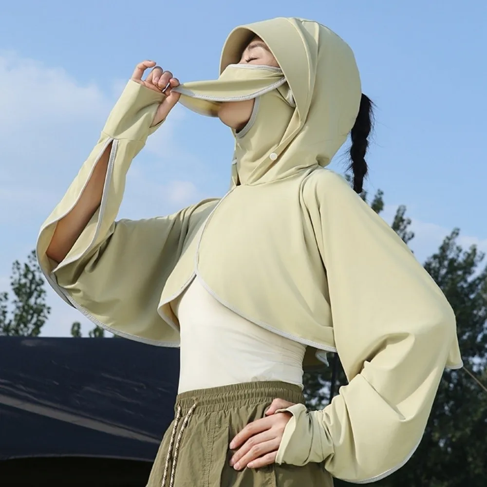 

Ice Silk 3 in 1 Sunscreen Hoodie Solid Color Thin Facemask Hat Sunscreen Shawl Long Sleeve UV Protection Sun Protection Clothing