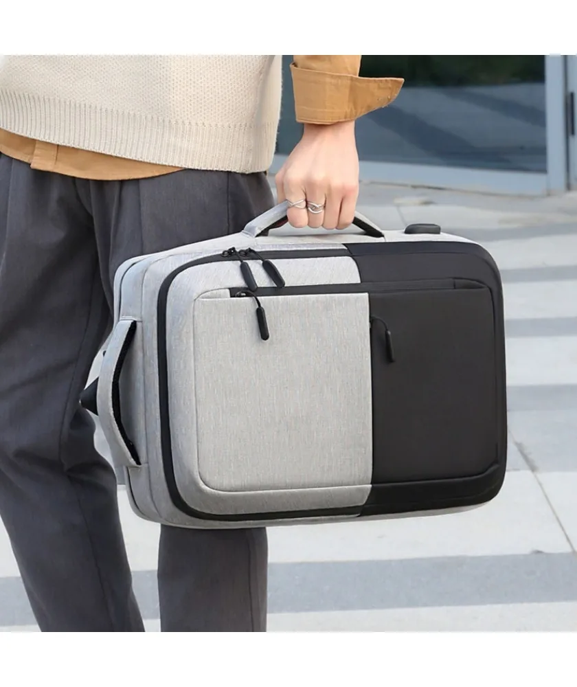 Gray and black color block laptop backpack with USB port multi compartment design water resistant fabric suitable for office