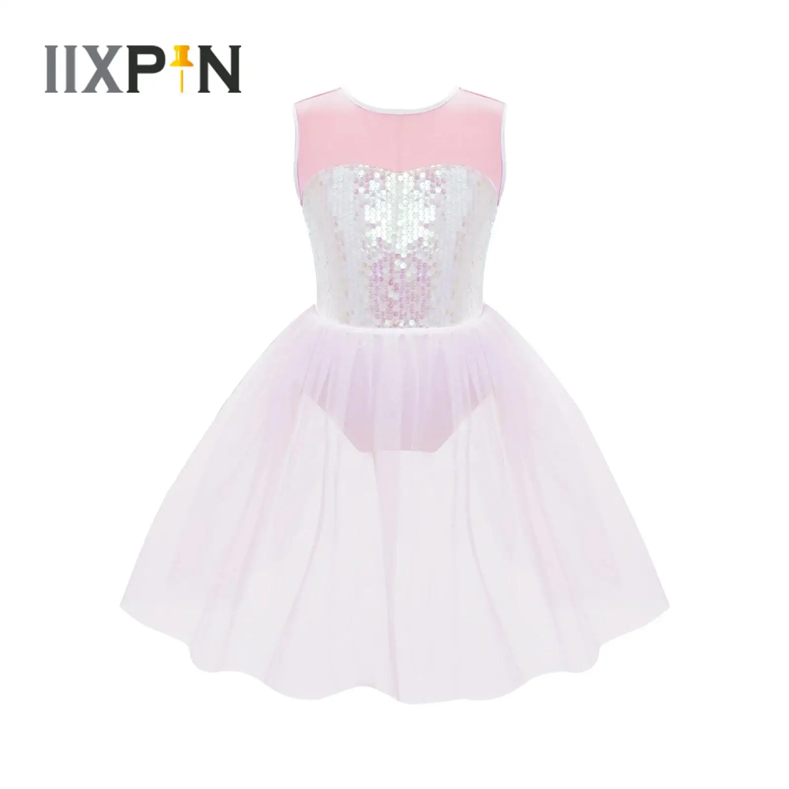 

Kids Girls Shiny Sequins Ballet Dress Sleeveless Open Back Dance Gymnastics Leotard Mesh Tutu Dress Child Lyrical Dance Costumes