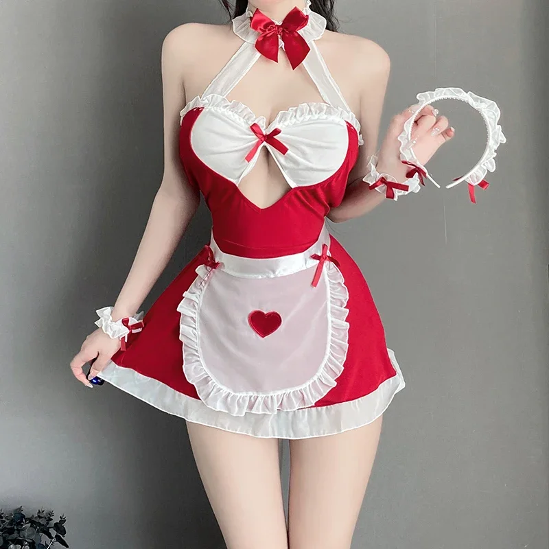 Japanese Anime Maid Uniform Women Sexy Cosplay Lingerie Costume Lace Headband Leg Ring Waistband Dress Set Outfits