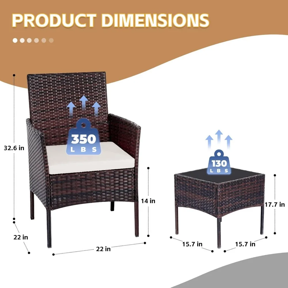 Patio Set 3 Piece Outdoor Furniture with Tempered Glass Side Table & Cushion All Weather Conversation Bistro Set