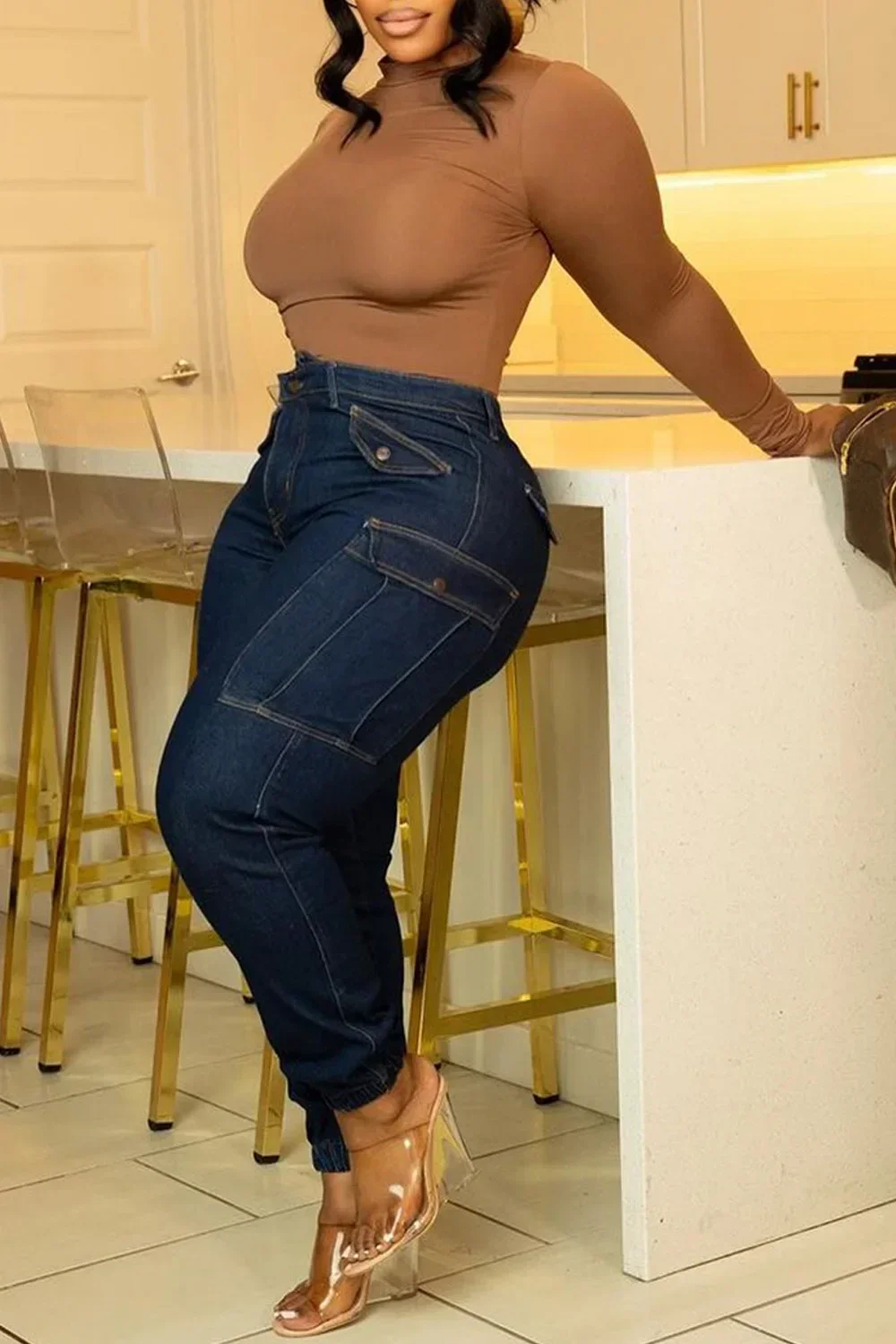 Jeans azul retrô de cintura alta para mulheres, cintura assimétrica com bolso, calça lápis, skinny, streetwear versátil, plus size