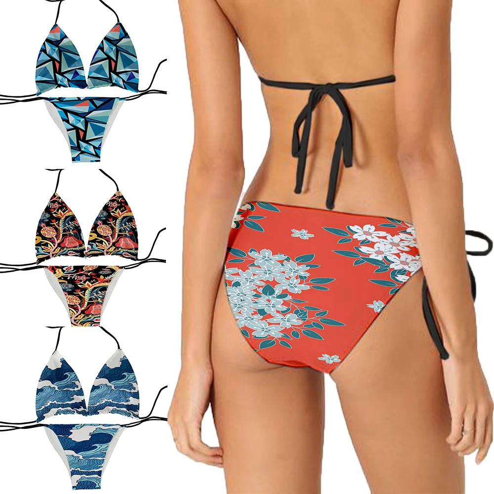

Sexy and fun wave painting printed bikini suit beach wear detachable chest pad lace-up bikini vacation sea party is not a thong