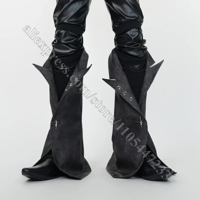 Women Avant Garde Pointed Toe Shoes With Detachable Lapel Leg Covers Black Flats Star Studs Asymmetric Fold Over Dark Punk Shoes