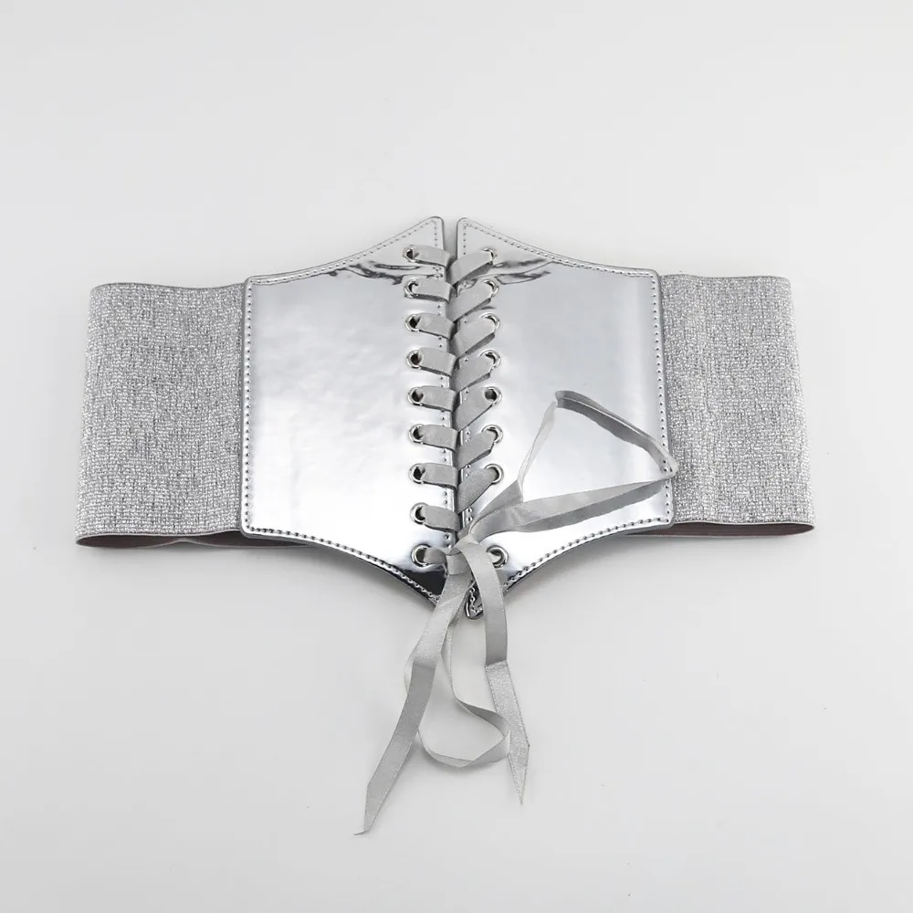 Versatile Retro Waist Belt PU Leather Gold Silver Corset Belt Lace Up Elastic Design Wide Belt for Women