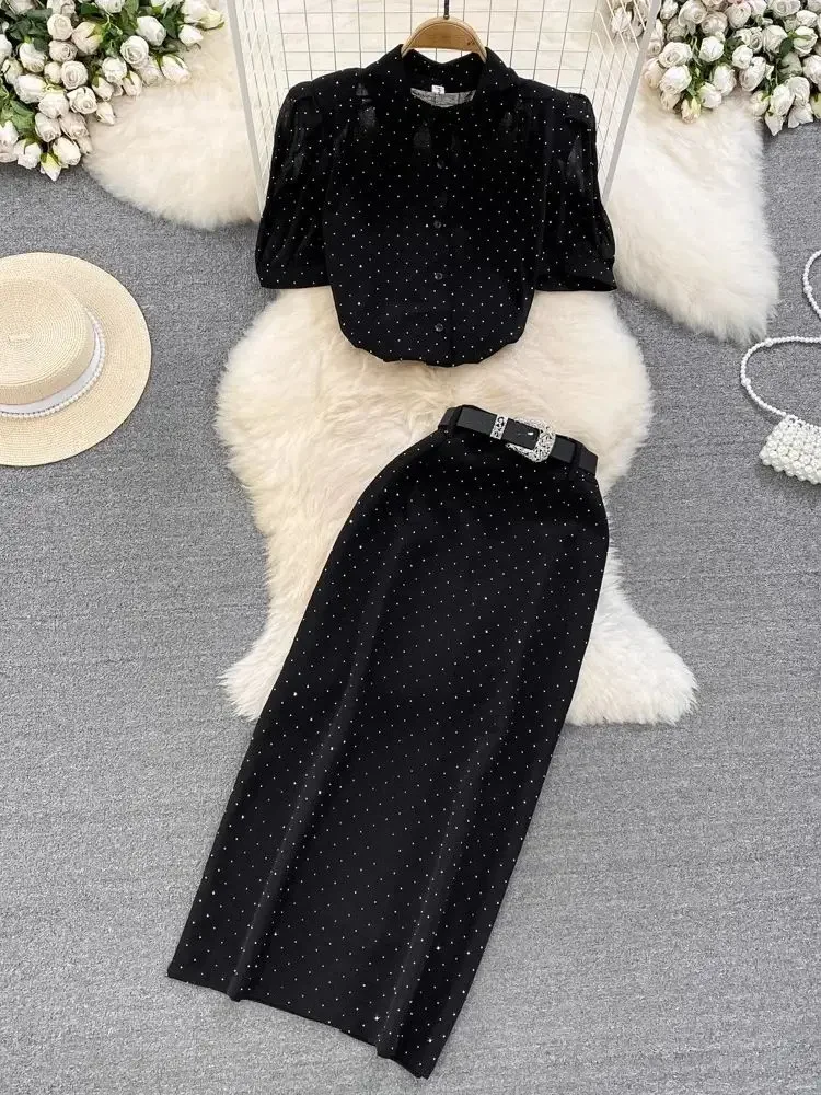 

Elegant Hot Drill Black Two Piece Set Women Short Puff Sleeve Dot See Through Chiffon Blouse Shirt + Belt Long Split Skirt Suits
