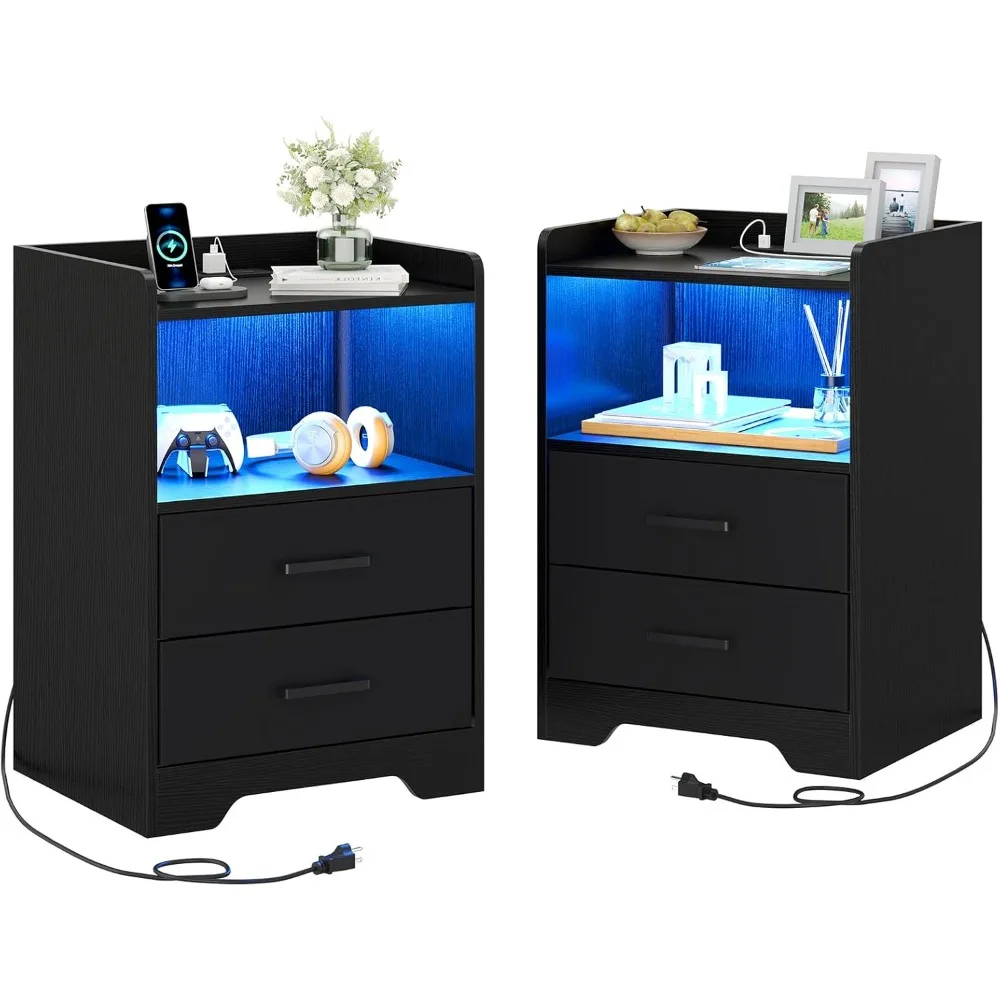 Nightstands with Charging Station and LED Lights, Modern Bedside Table with 2 Fabric Storage Drawers, Black Night Stand