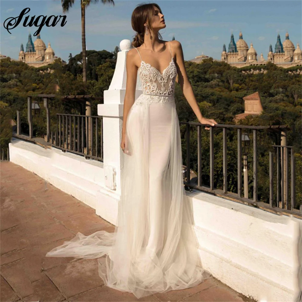 Strand Brautkleider Spaghetti träger Meerjungfrau Brautkleid rücken freie Prinzessin langes Brautkleid Boho Braut Kleid Robe de Mariée