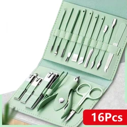 16pcs/set Manicure Kits Pedicure Sets Nail Clippers High-quality Professional Nail Cutters Tools with Travel Folding Bag Green