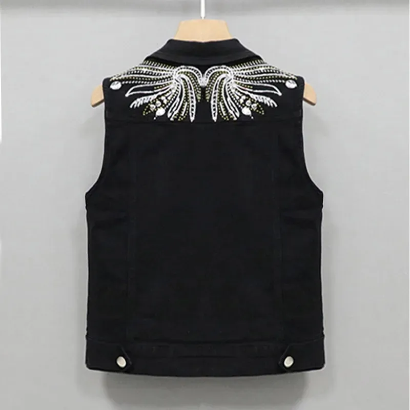 Women Sleeveless Short Jean Vest Coat 2024 New Female Single Breasted Black Rivet Tassel Denim Vests Sleeveless Waistcoat Jacket