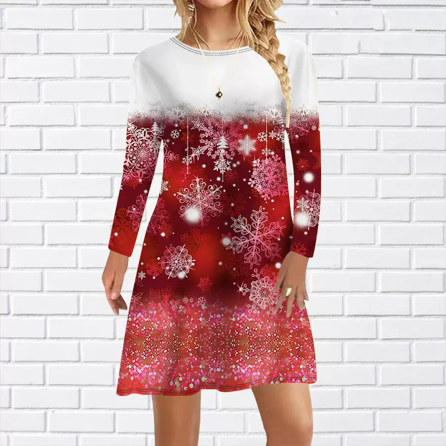 Autumn Winter Gradient Snowflake Pattern Women Mini Dresses Long Sleeve 3D Printed Christmas Style Ladies Dress 3XL Large Size