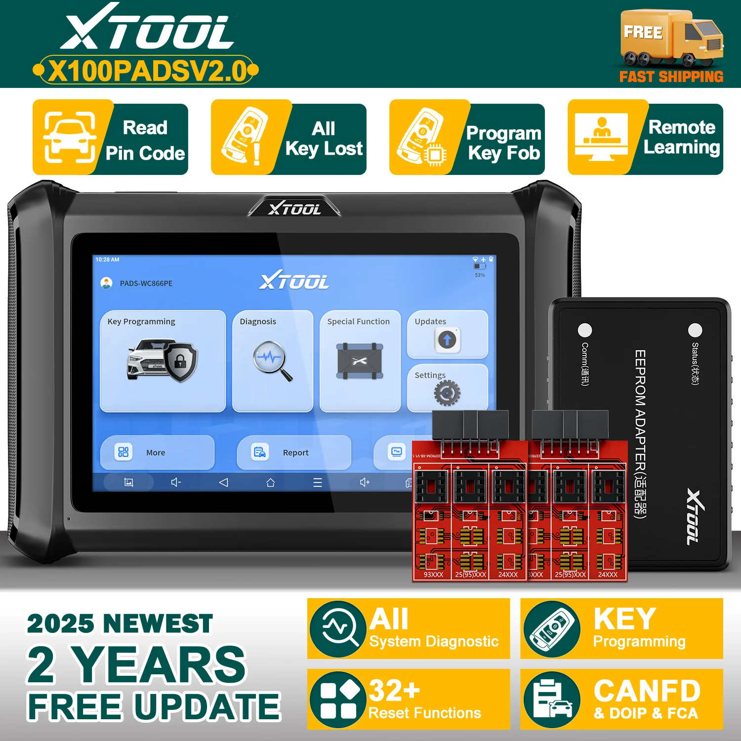 

XTOOL X100 PADS V2.0 IMMO Диагностические инструменты для программирования ключей Обучение ключей CAN FD DOIP FCA Автоматический сканер программатора OBD2 Все системы