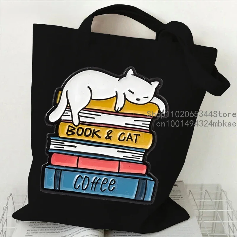 Canvas Tote Bags Cartoon Cat and Books Women\'s Shoulder Bag Wild Flower Book Club Shopping Bag Animal Kitten Bookworm Handbag