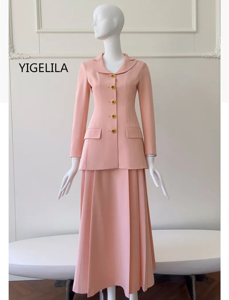 YIGELILA-Women's Pink Long Skirt and Blazer Set, Female Blazer, Pleated Long Skirts, Formal Suit, Winter Outerwear, New, 2024