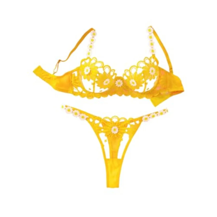 

OYOANGLE Women's 2 Pcs Floral Embroidered Mesh Sheer Lingerie Set Cute Underwire Bra G String Thong Sets