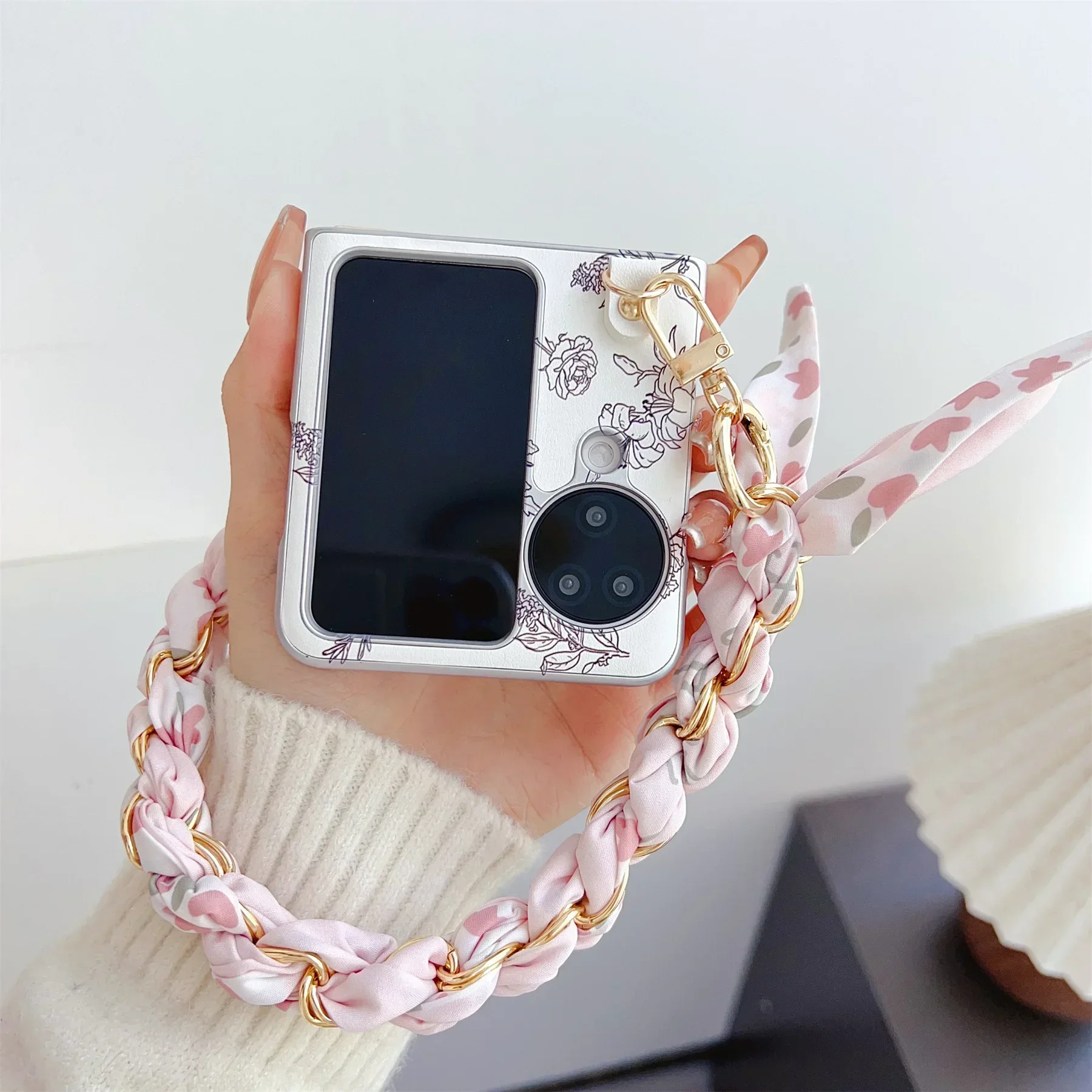 Fashion Korean Sketching Flower Leather Scarf Handheld Wrist Strap Case for OPPO Find N2 FLIP Find N3 Flip Shockproof Back Cover