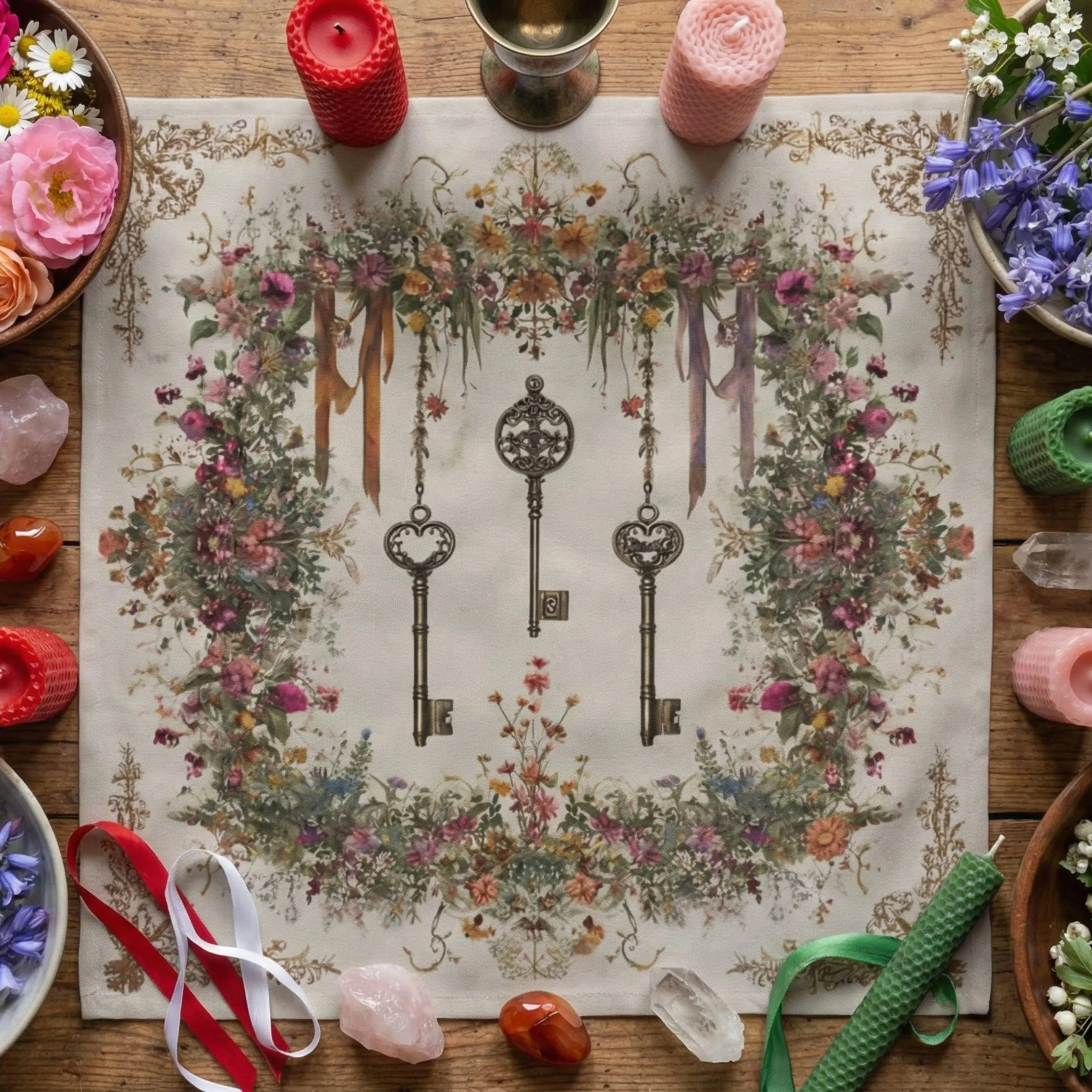 VIKAMA Retro Flower Old Key Tablecloth Forest Witch Altar Cloth Tarot Divination Ceremony Tablecloth Tarot Card Tablecloth