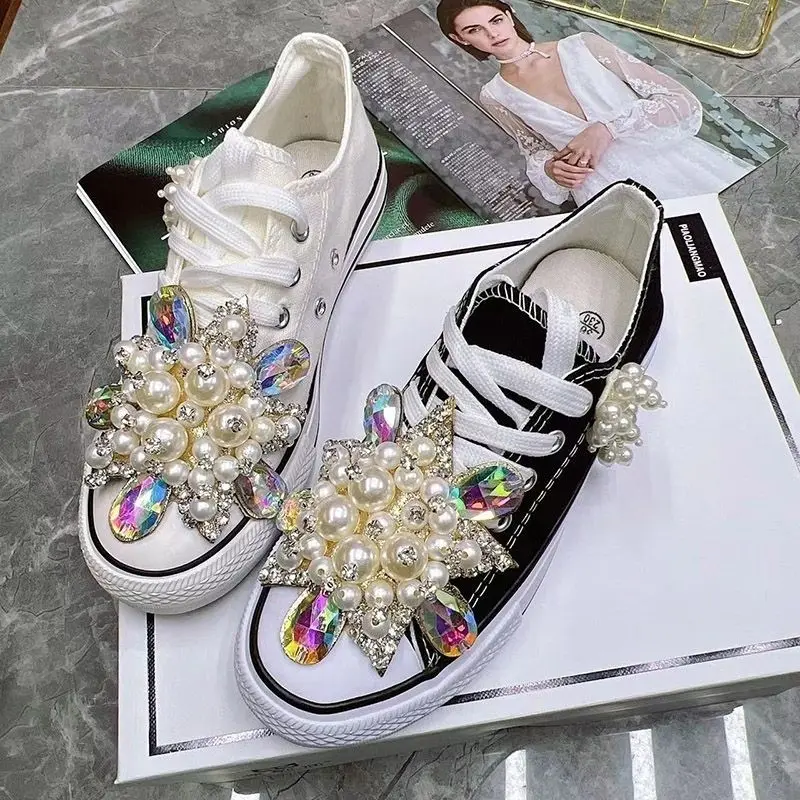 

Tasseled Beaded Crystal Espadrilles Women Sneakers Big Rhinestone Pearls Flower 2cm Platform Plus Size Lovely Canvas Shoes