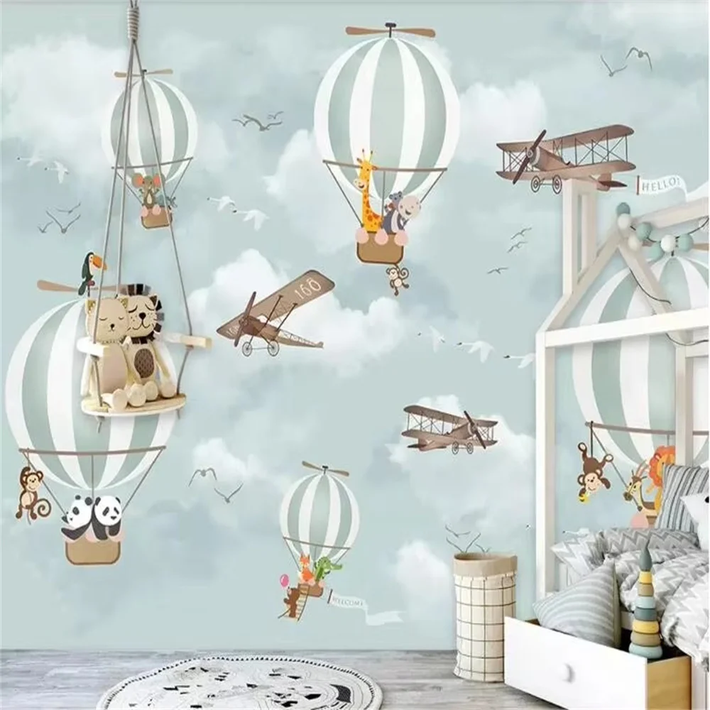 

Custom size wallpaper Cartoon hot air balloon rainbow mural children's room airplane clouds starry sky decorative 3d wallpaper