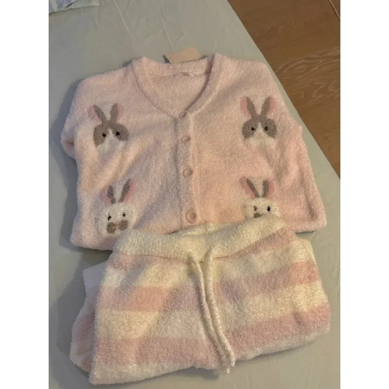 Sweet Cute Rabbit Stuffed Knitting Pajamas Women's Winter New Thickened Heattech Stripes Pants Homewear Suit