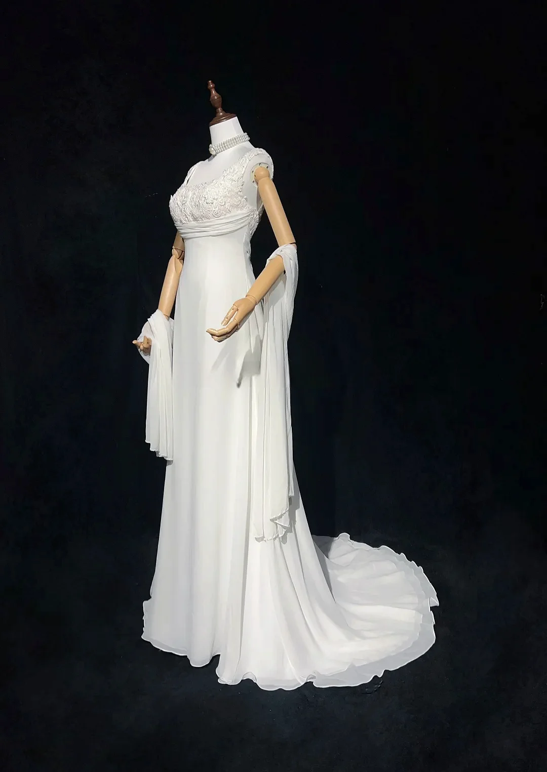 Robe de Demoiselle d'Honneur en Mousseline de Soie Blanche, Coupe Trapèze, Imprimé Floral, Dos aux, Châle Plissé, Mariage, Bal, Soirée