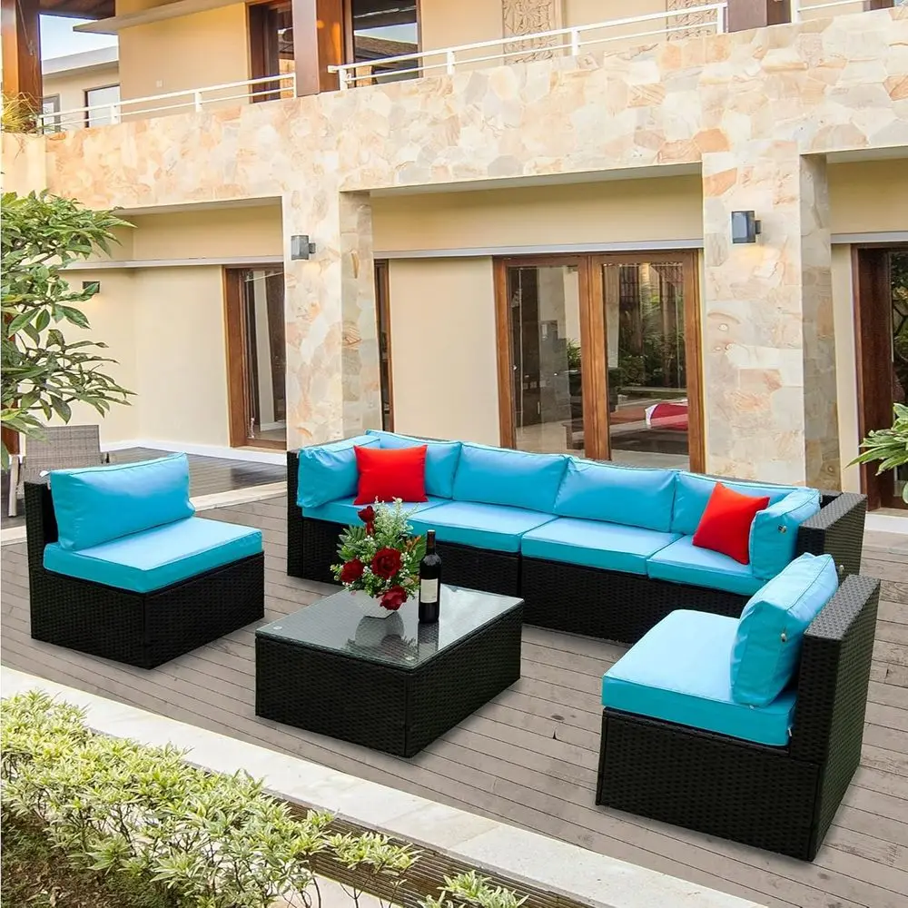 

5-Piece Outdoor Patio Furniture Set: U-Shaped Wicker Sofa with Pillows for Garden, Pool, or Backyard in Black and Blue
