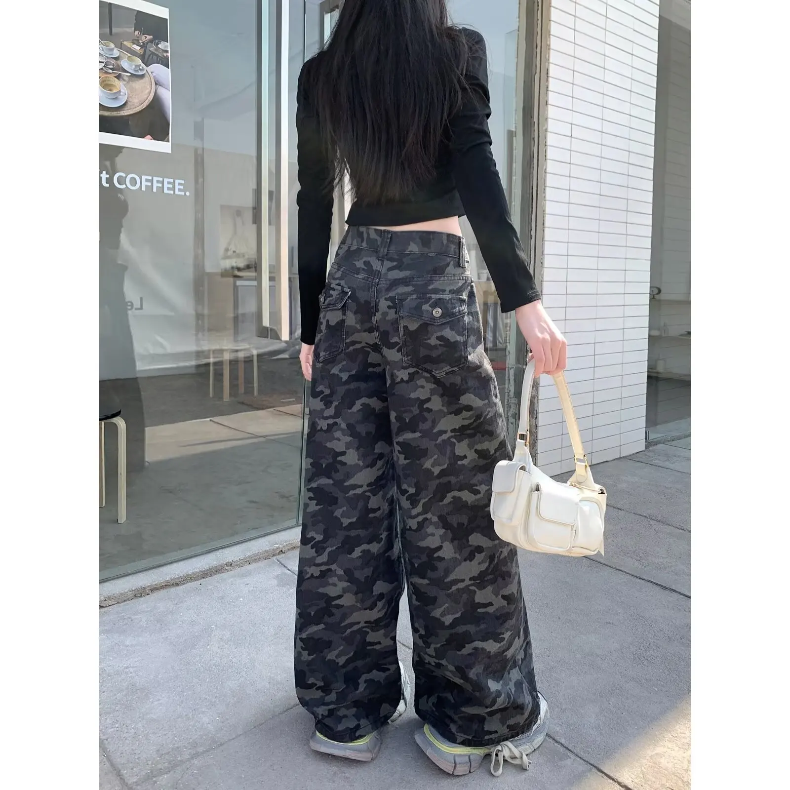 Jean camouflage à jambes larges pour hommes et femmes, nouveau style 2025 pour le printemps et l'automne, taille haute, coupe ample, amincissant, Vin américain