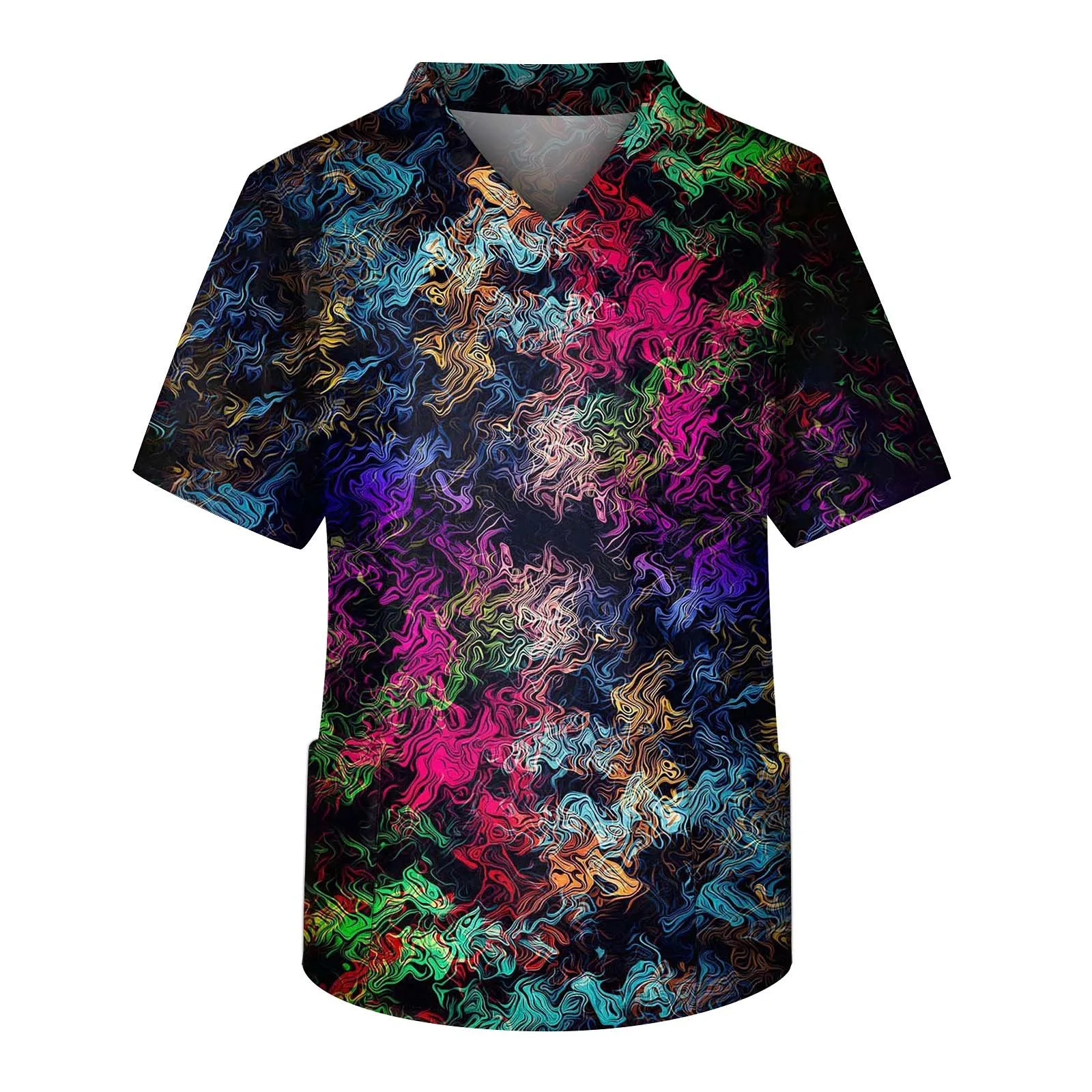 Heren Korte Mouw V-Hals Gradiënt Print Borstzak Verzorger Top Gezondheidszorg Kliniek Kleding Verpleegkundige Uniform Zomer Oversized T-Shirts